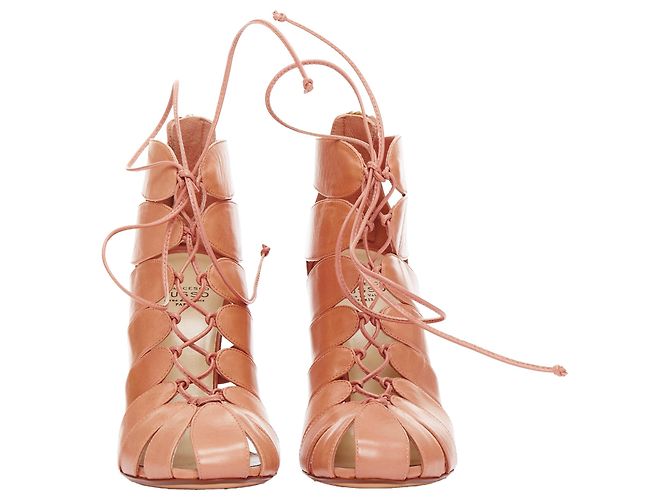 Francesco Russo Leather Lace Up Cut Out Cage Sandals Brown Flesh - view 3