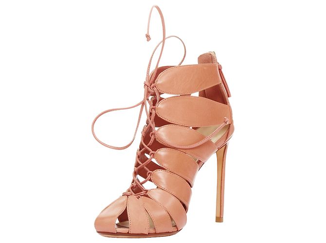 Francesco Russo Leather Lace Up Cut Out Cage Sandals Brown Flesh - view 4