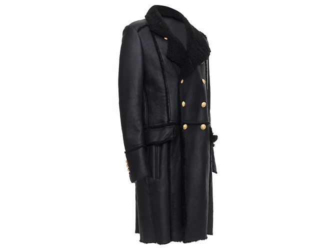 Abrigo de cuero forrado con shearling dorado de doble botonadura Balmain - vista 4