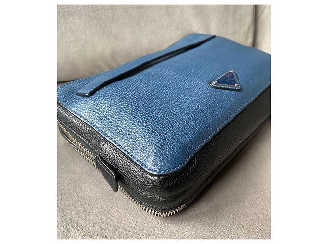Pochette Prada in pelle nera e blu con zip Nero - vista 10