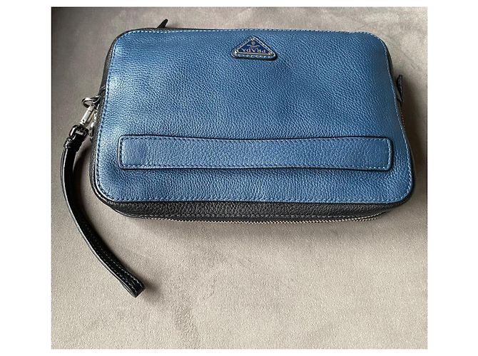 Pochette Prada in pelle nera e blu con zip Nero - vista 12
