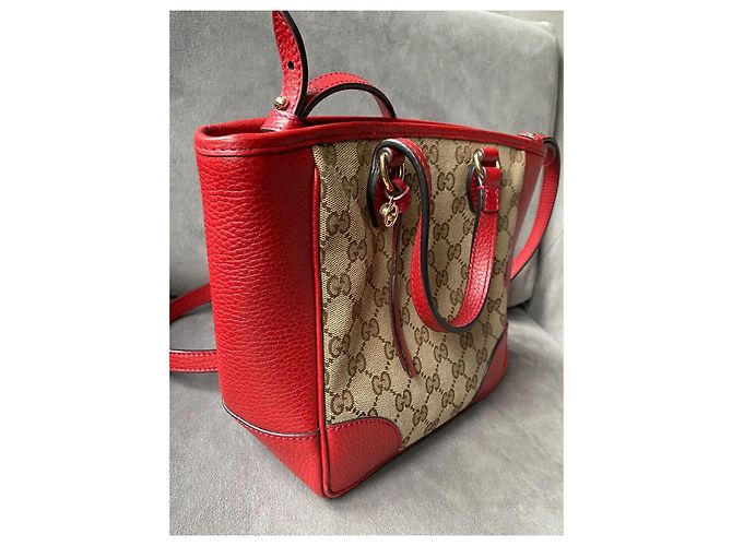 Borsa Gucci Guccissima in pelle rossa e tela GG beige Rosso - vista 3