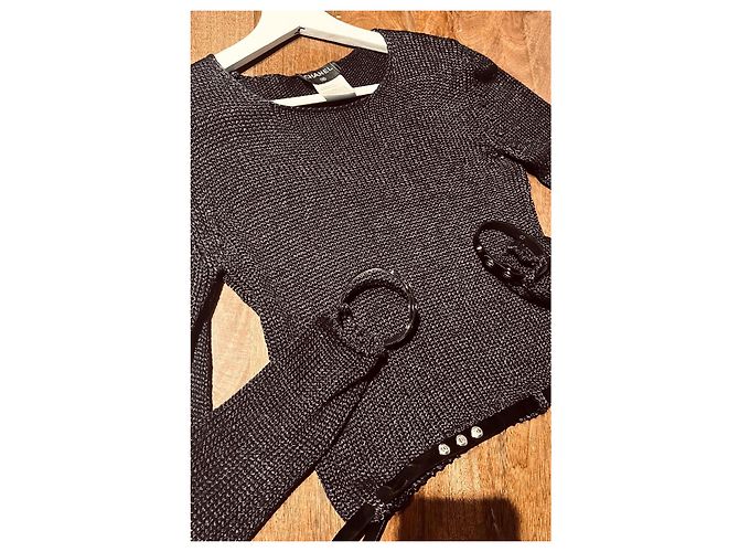 Cinto de suéter e punhos logo cc Chanel Preto Prata Cinza antracite - vista 7