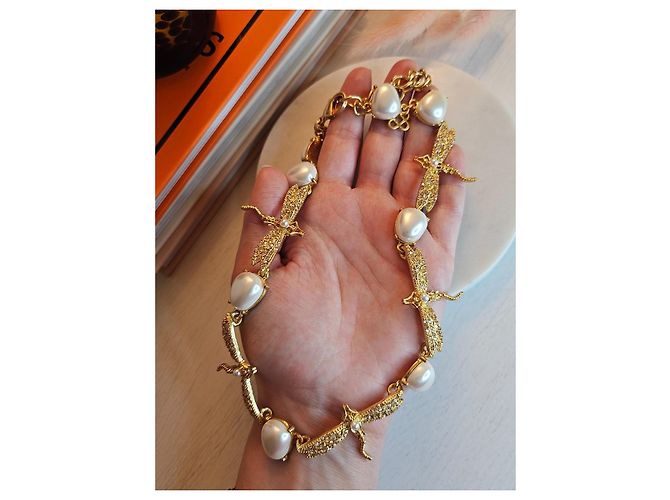 Collana vintage a forma di libellula Oscar de la Renta rara Bianco Giallo Gold hardware - vista 4