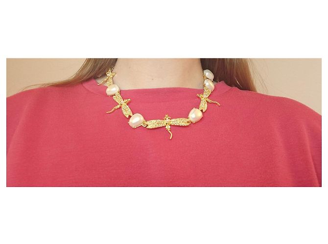 Collana vintage a forma di libellula Oscar de la Renta rara Bianco Giallo Gold hardware - vista 7