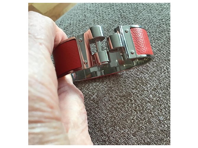 Bracciale a cerniera Hermès in acciaio palladio e pelle Epson rosa - vista 3