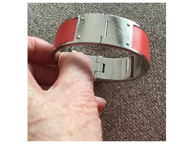 Bracciale a cerniera Hermès in acciaio palladio e pelle Epson rosa - vista 5