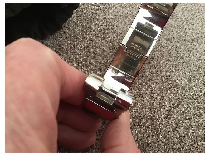 Bracciale a cerniera Hermès in acciaio palladio e pelle Epson rosa - vista 6