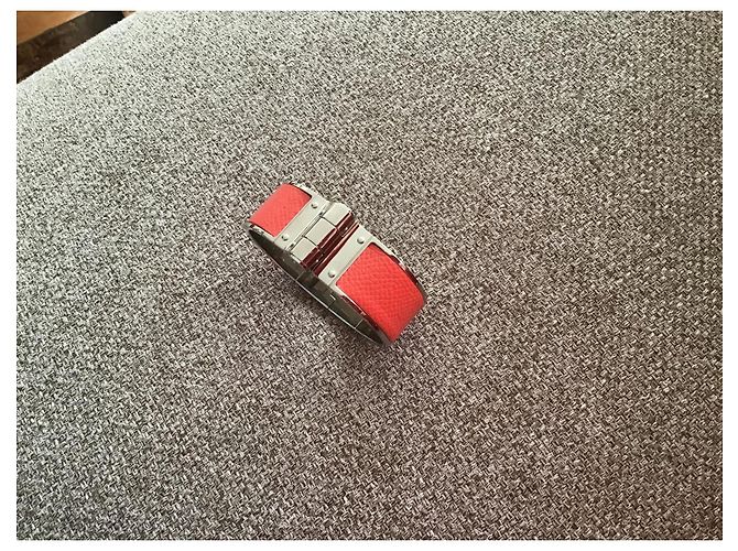 Bracciale a cerniera Hermès in acciaio palladio e pelle Epson rosa - vista 7
