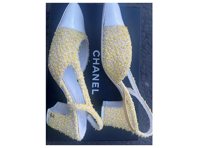 Chanel tacco slingback bicolore in tweed giallo 38.5 - vista 4