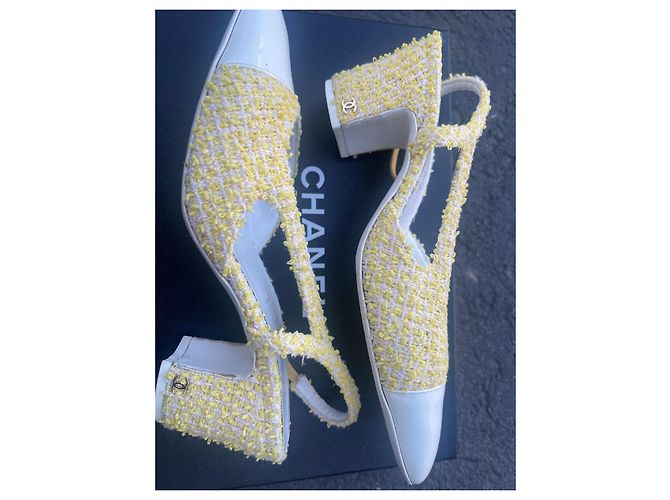 Chanel tacco slingback bicolore in tweed giallo 38.5 - vista 7