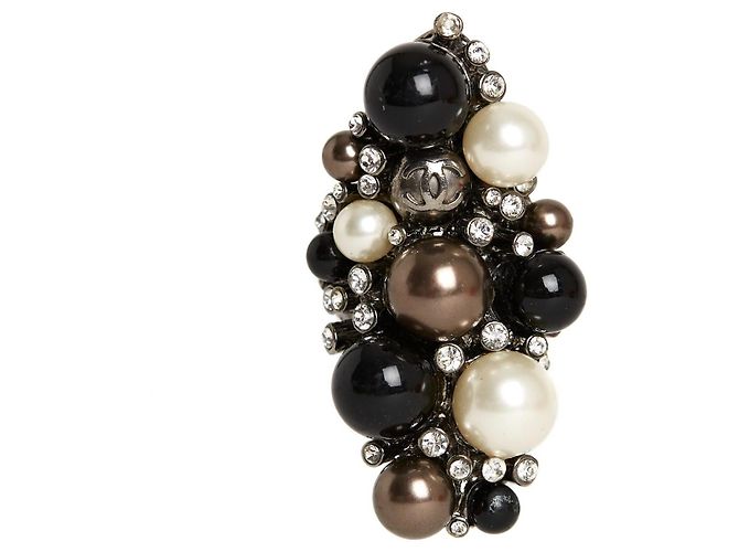 Chanel 2004 Anello T53/54 Perle Nere e Bianche Anello Maxi US6.5 Argento - vista 2