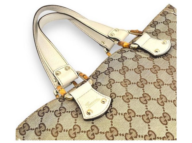 Borsa Gucci Modello GG Canvas Bamboo Marrone Bianco Beige Crema Bianco sporco - vista 5
