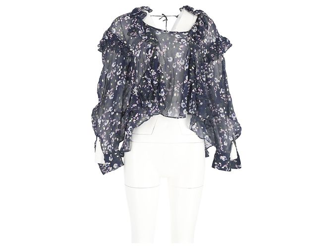 Blusa in seta blu con stampa floreale e volant di Isabel Marant - vista 4