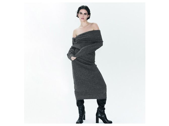 Zara Damen Midi-Kleid aus grobem Strick in Grau Größe S - Ansicht 6