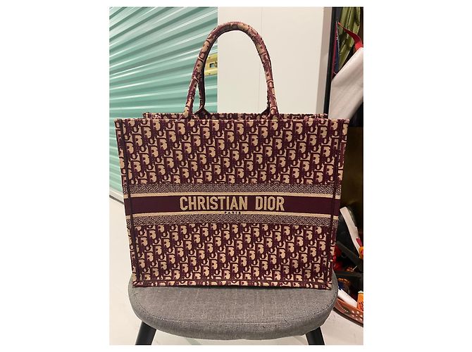 Grande borsa Christian Dior Book Tote beige e rosso scuro in cotone Bordò - vista 2