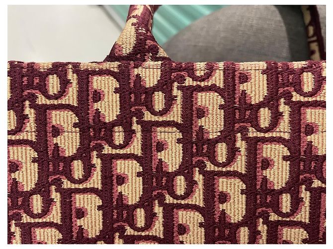 Grande borsa Christian Dior Book Tote beige e rosso scuro in cotone Bordò - vista 9