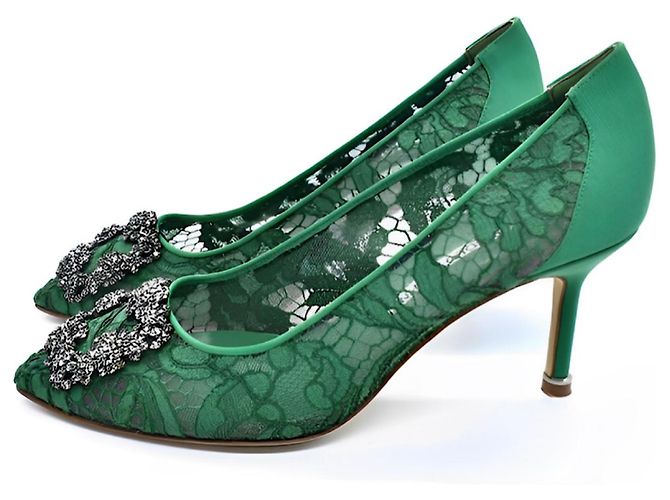 Décolleté Manolo Blahnik Hangisi in pelle verde - vista 3