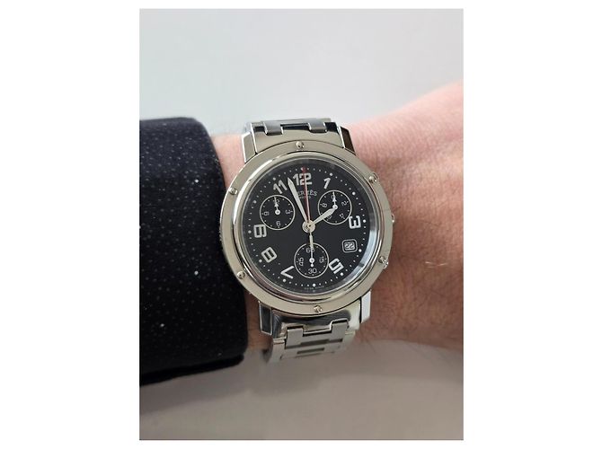 Hermès Clipper Chronograph Schwarz Silber Silber Hardware - Ansicht 12