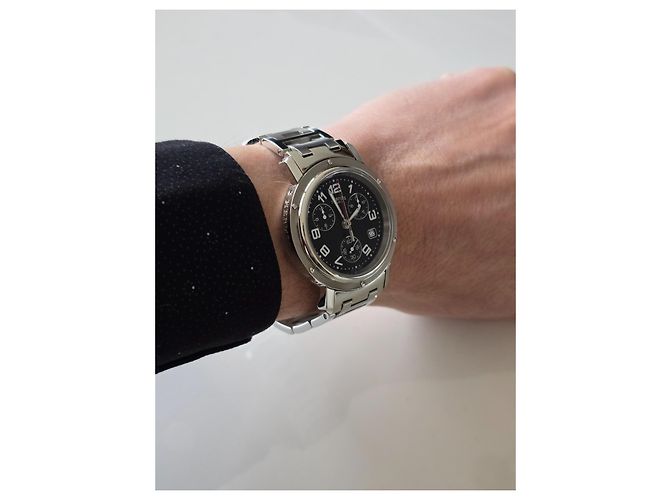Hermès Clipper Chronograph Schwarz Silber Silber Hardware - Ansicht 13