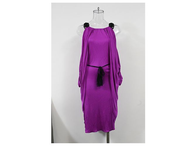 Vestido midi off-shoulder drapeado con cinturón de borlas en viscosa violeta de Temperley London Púrpura - vista 6