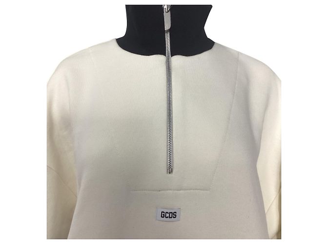 GCDS Logo Half-Zipped Sweater in White and Black Cotton - view 4