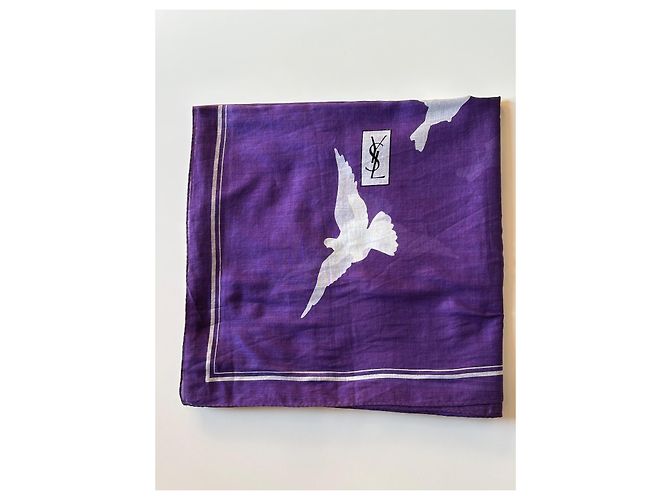 Foulard Yves Saint Laurent in cotone bianco e viola con colombe Porpora - vista 14