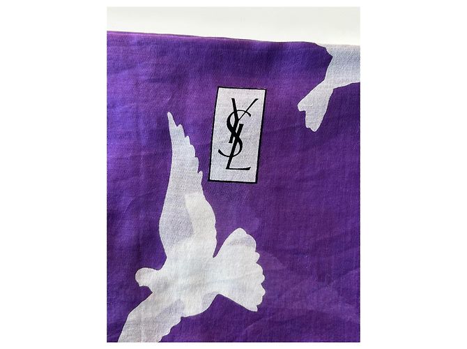 Foulard Yves Saint Laurent in cotone bianco e viola con colombe Porpora - vista 15