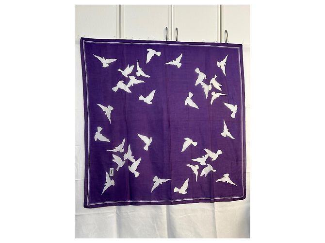 Foulard Yves Saint Laurent in cotone bianco e viola con colombe Porpora - vista 2
