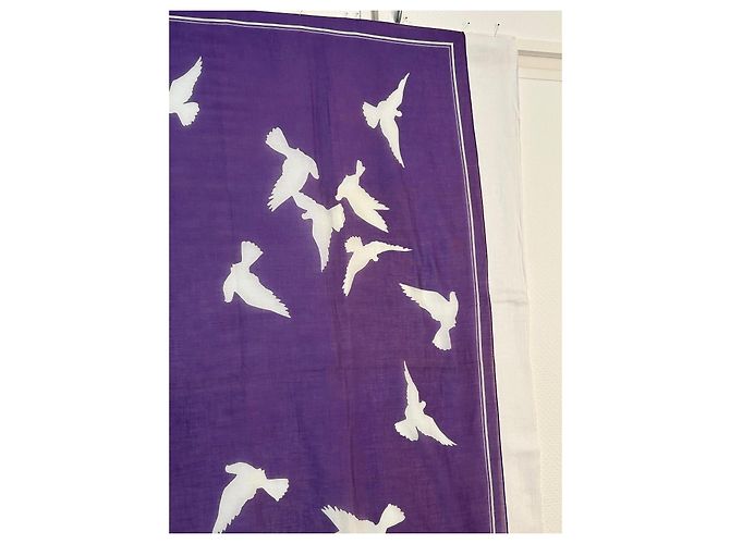 Foulard Yves Saint Laurent in cotone bianco e viola con colombe Porpora - vista 7