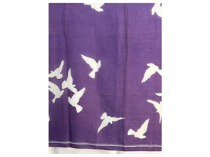 Foulard Yves Saint Laurent in cotone bianco e viola con colombe Porpora - vista 9