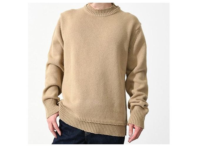 Autre Marque Maison Margiela Rundhals-Pullover aus Baumwolle, Leinen und Wolle mit Ellbogenpatches Beige - Ansicht 10