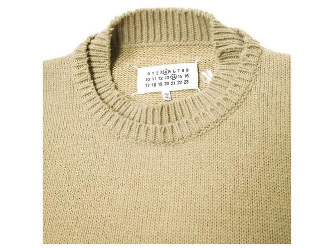 Autre Marque Maison Margiela Rundhals-Pullover aus Baumwolle, Leinen und Wolle mit Ellbogenpatches Beige - Ansicht 5