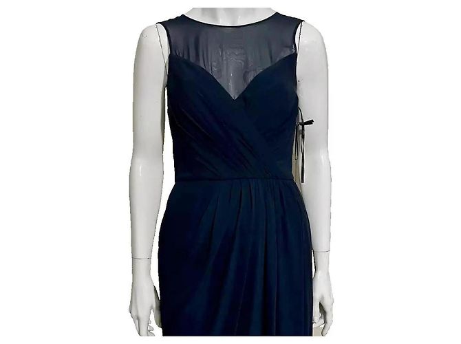 Vera Wang Vestido de noche de chiffon marino con cuello ilusión Azul marino - vista 2