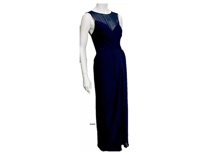 Vera Wang Vestido de noche de chiffon marino con cuello ilusión Azul marino - vista 5