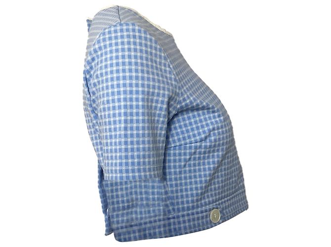 Top cropped de malha stretch com babados Miu Miu em poliéster azul claro - vista 2