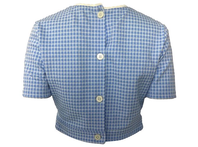 Top cropped de malha stretch com babados Miu Miu em poliéster azul claro - vista 3