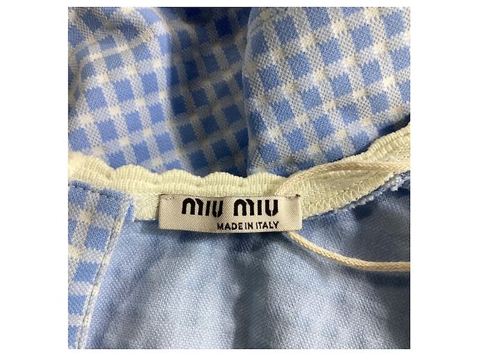 Top cropped de malha stretch com babados Miu Miu em poliéster azul claro - vista 4