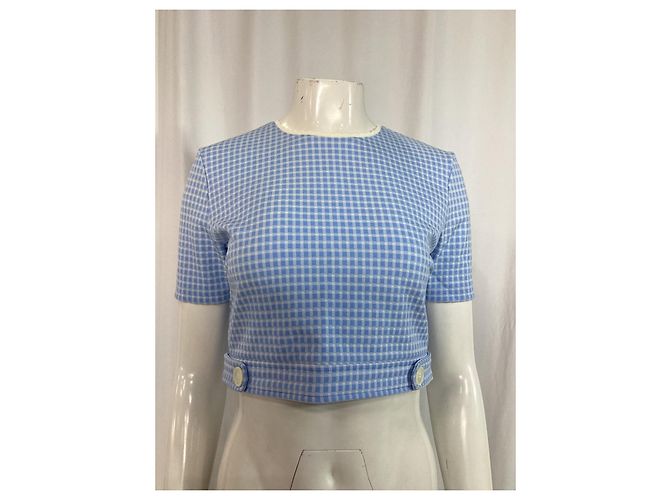 Top cropped de malha stretch com babados Miu Miu em poliéster azul claro - vista 7