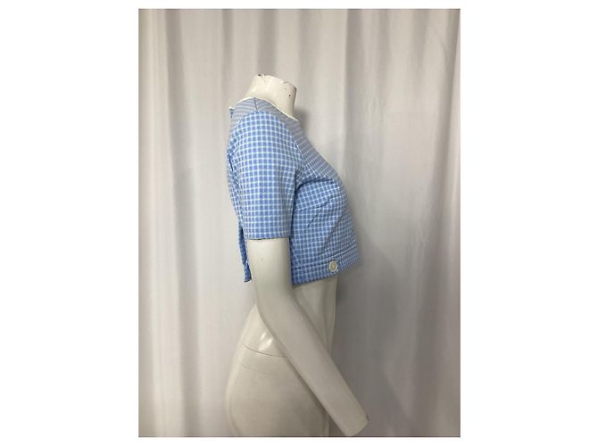 Top cropped de malha stretch com babados Miu Miu em poliéster azul claro - vista 8