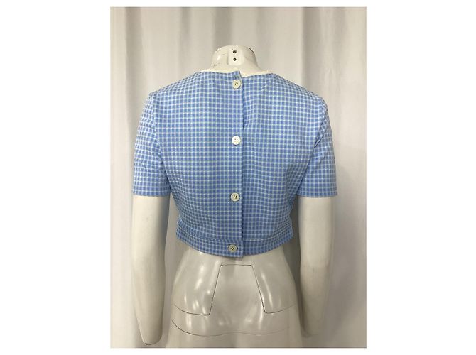 Top cropped de malha stretch com babados Miu Miu em poliéster azul claro - vista 9
