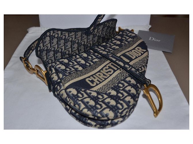 Borsa Christian Dior Saddle Beige Blu scuro Gold hardware - vista 10