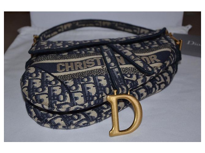 Borsa Christian Dior Saddle Beige Blu scuro Gold hardware - vista 3