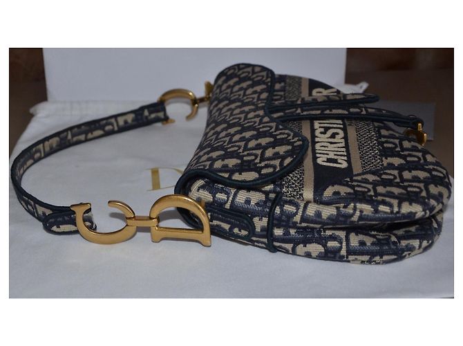 Borsa Christian Dior Saddle Beige Blu scuro Gold hardware - vista 4
