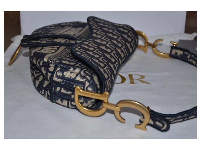 Borsa Christian Dior Saddle Beige Blu scuro Gold hardware - vista 6