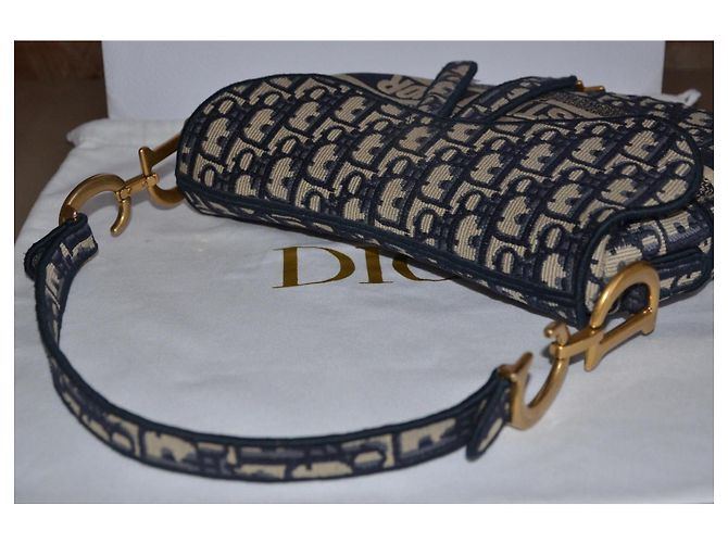 Borsa Christian Dior Saddle Beige Blu scuro Gold hardware - vista 8