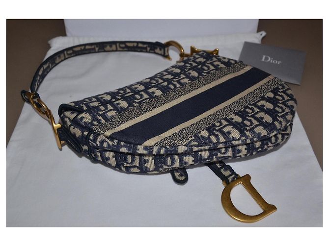 Borsa Christian Dior Saddle Beige Blu scuro Gold hardware - vista 9