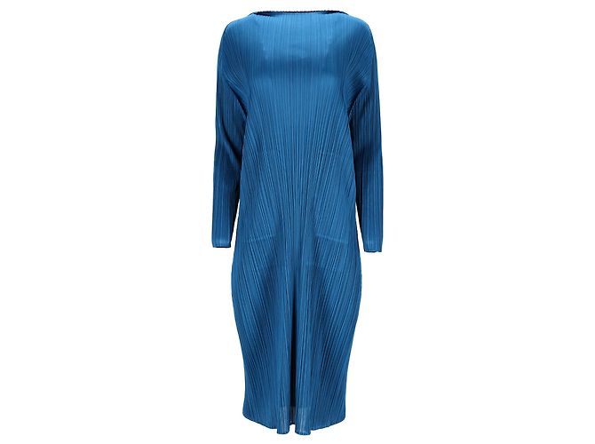 Autre Marque Issey Miyake plissiertes Midi-Kleid mit Bootsausschnitt aus blauer Polyester - Ansicht 5