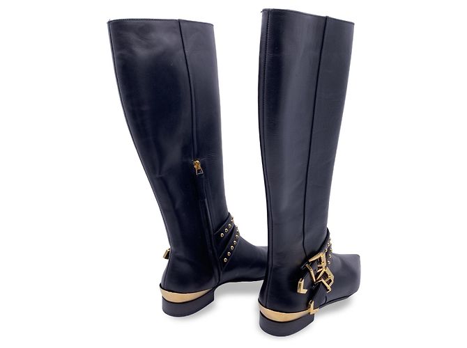 Versace Botas de montar de cuero negro con hebillas de metal dorado talla 36 - vista 2