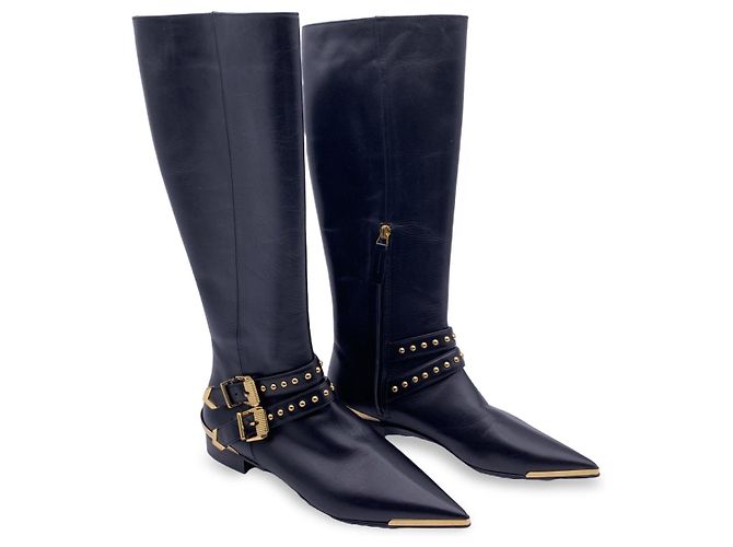 Versace Botas de montar de cuero negro con hebillas de metal dorado talla 36 - vista 3